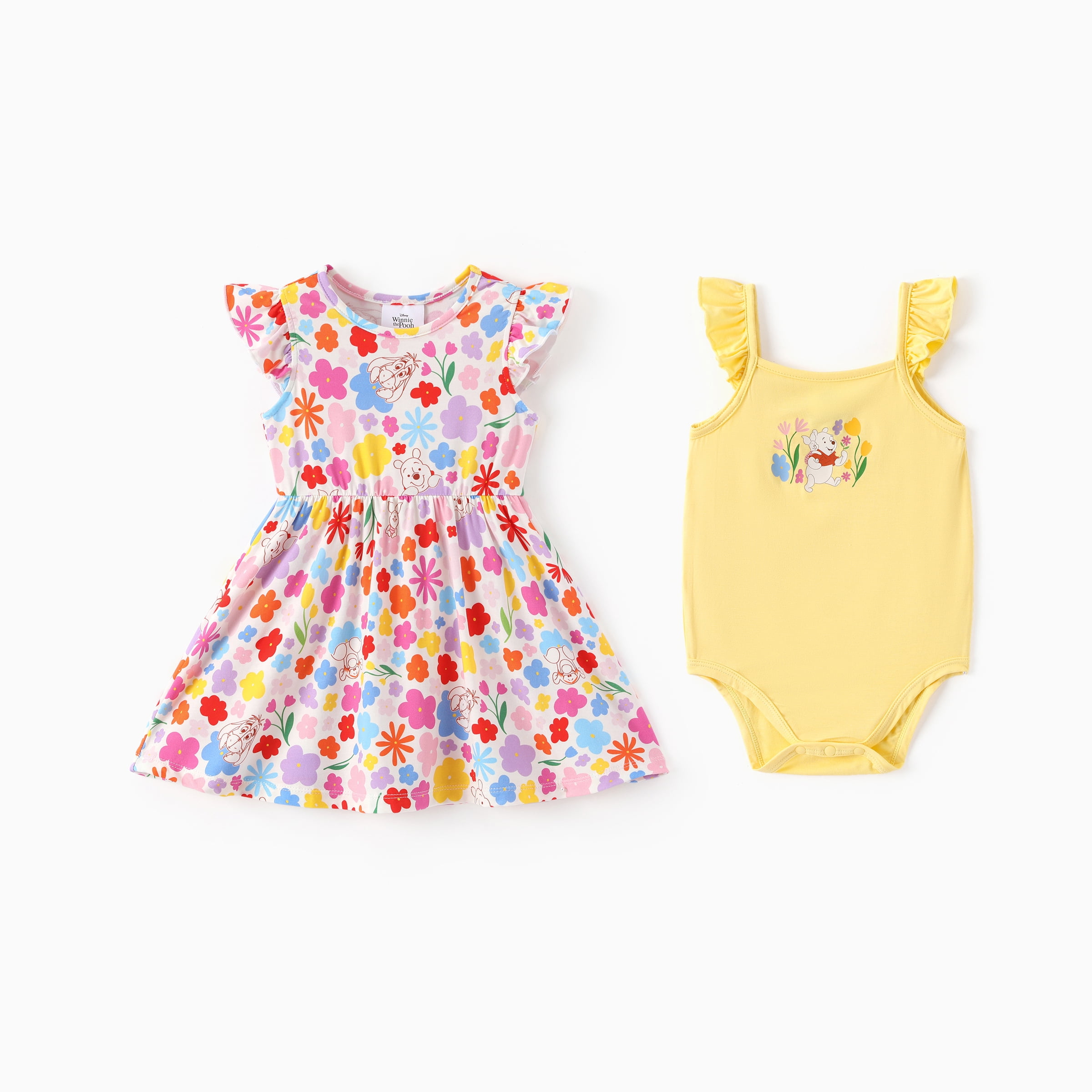 Disney Winnie the Pooh Baby Girls Clothes Bamboo Viscose Floral Dress and Graphic Bodysuit 2 Pack Outfit Shower Gift Infant 9-12 Months