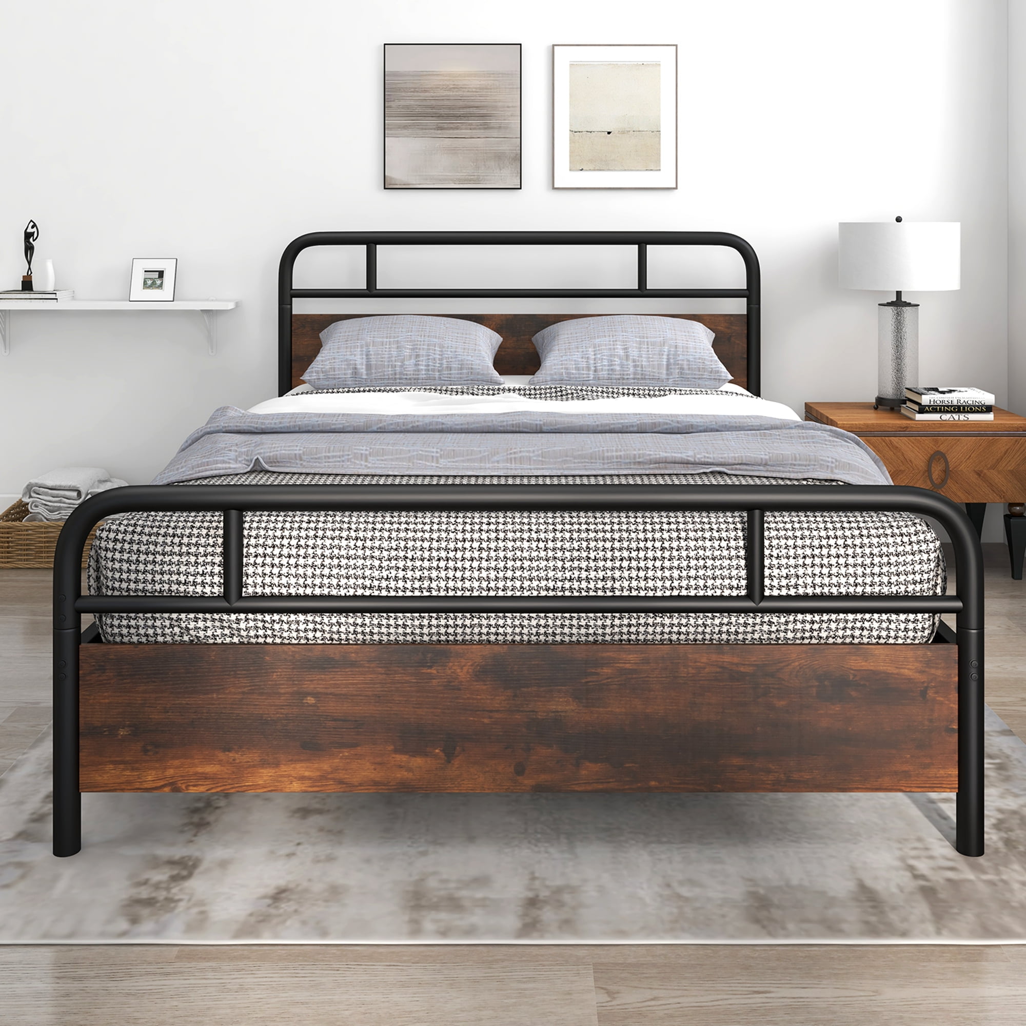Costway Queen Size Metal Platform Bed Frame Industrial Headboard Mattress Foundation