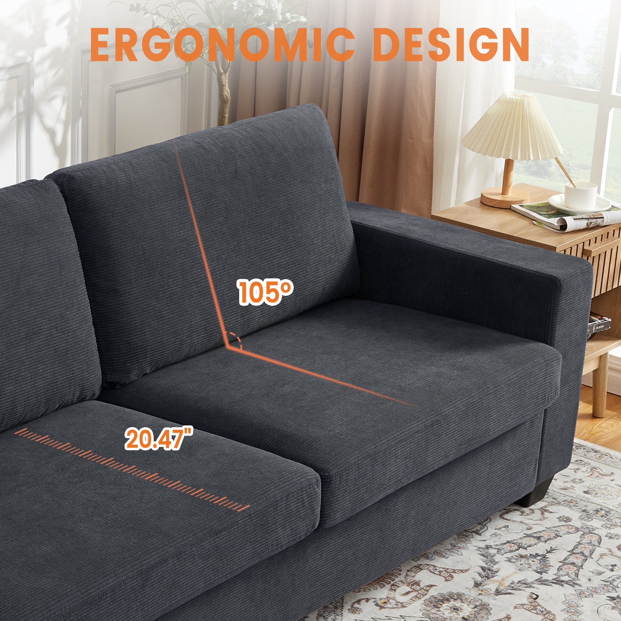Kicctian 83" Wide 3-Seater Corduroy Couch with Deep Seat, Modern Sofa with Washable Covers and Wide Armrests, Comfortable Loveseat for Living Room, Bedroom, Office or Small Spaces,Grey