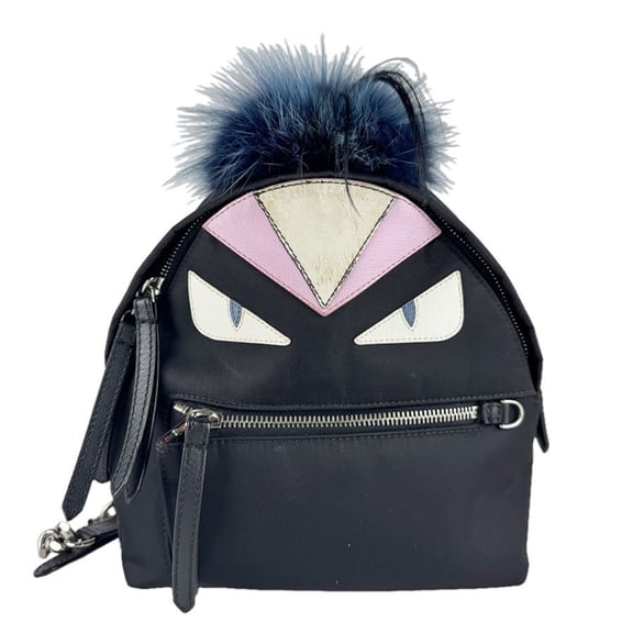 Pre-Owned Fendi ZAINO MINI Backpack, Nylon, Fur, Black/Silver, Women's, 8BZ038-48Z, Free...