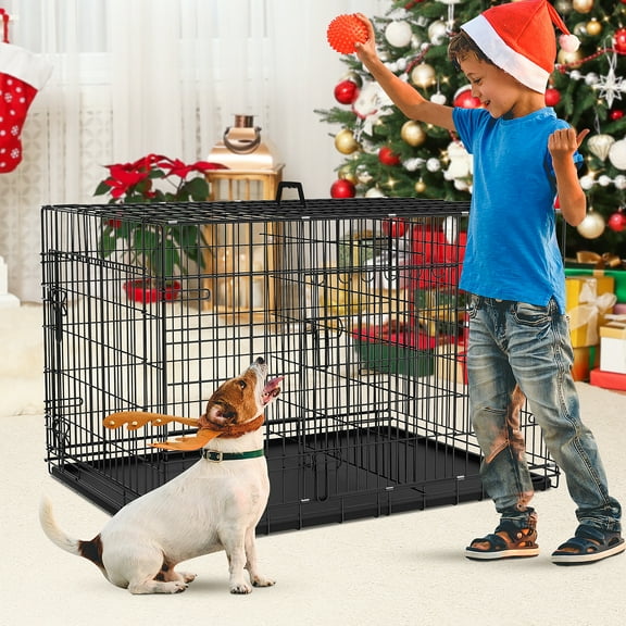 30 inch Dog Crate for Medium Small Dogs Folding Portable Metal Dog Cage Kennel Double Door Pet Crate with Divider and Tray, Black