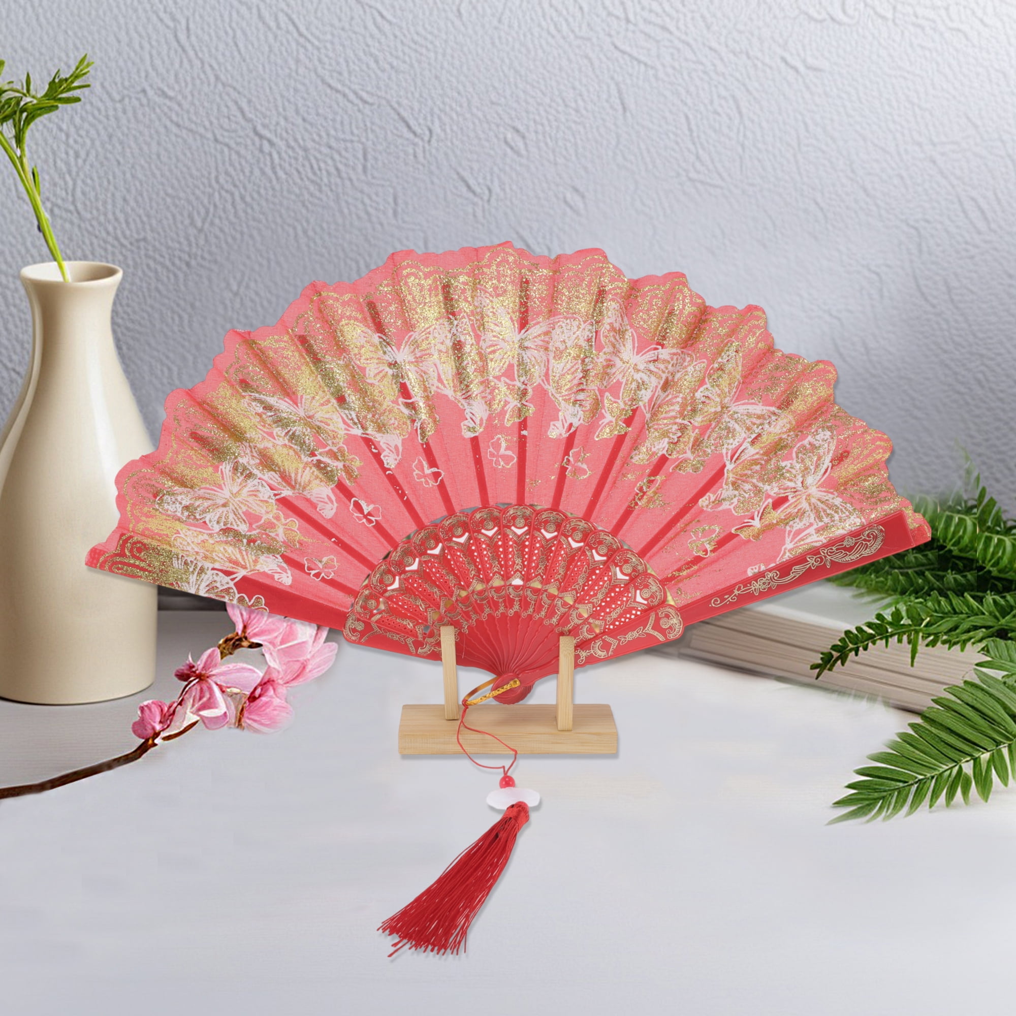 Unique Bargains Elegant Butterfly With Tassel Folding Fan 1PC Red