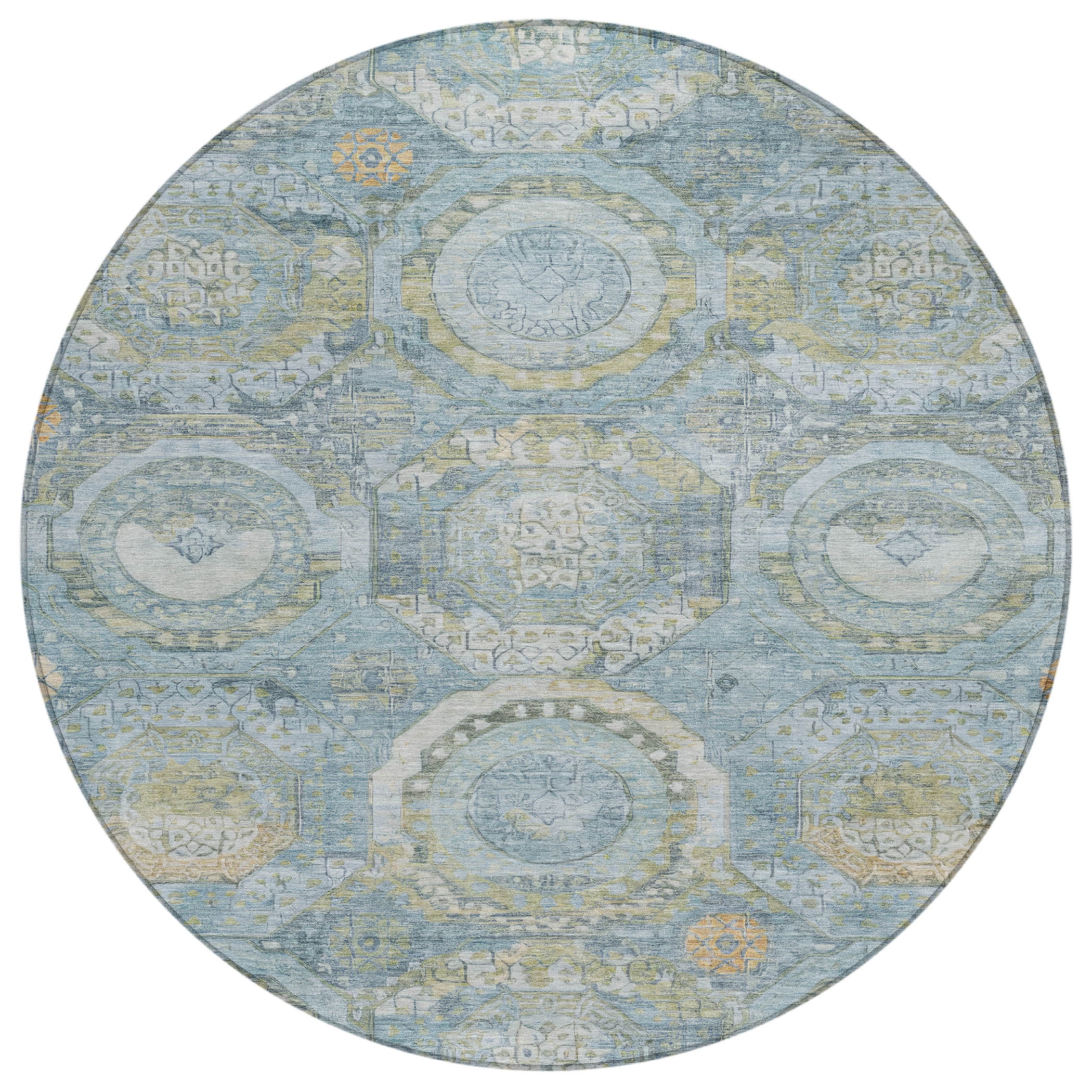Addison Rugs Chantille Indoor/Outdoor Transitional Panel Blue Washable Round Rug, 8' x 8'