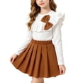 thumbnail image 2 of Mifsaly 2 Piece Skirt Sets for Girls Long Sleeve Ribbed Ruffle Tops with Bowknot and Pleated Skirts Toddler Kids Cute Casual School Fall Winter Outfits, 2 of 9