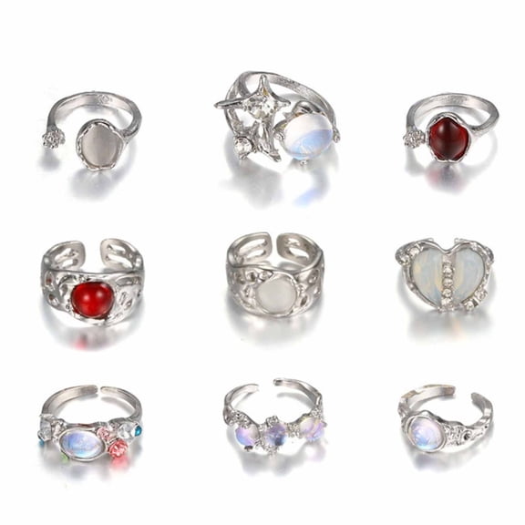Stylish 9PCS Silver Rings Set with Irregular Moonstone Adjustable Crystal Rhinestones Finger Rings Party Accessories