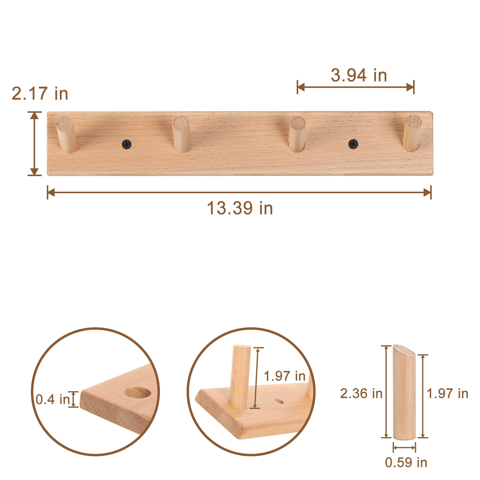 Wall Mounted Wood Coat and Hat Rack, 4 Hooks, Light Brown