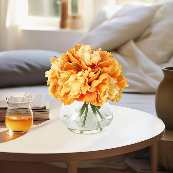 Silk Faux Peonies Artificial Flowers Arrangement - Realistic Fake Champagne Peony Bouquet in Glass Vase with Faux Water for Home Decor,Orange