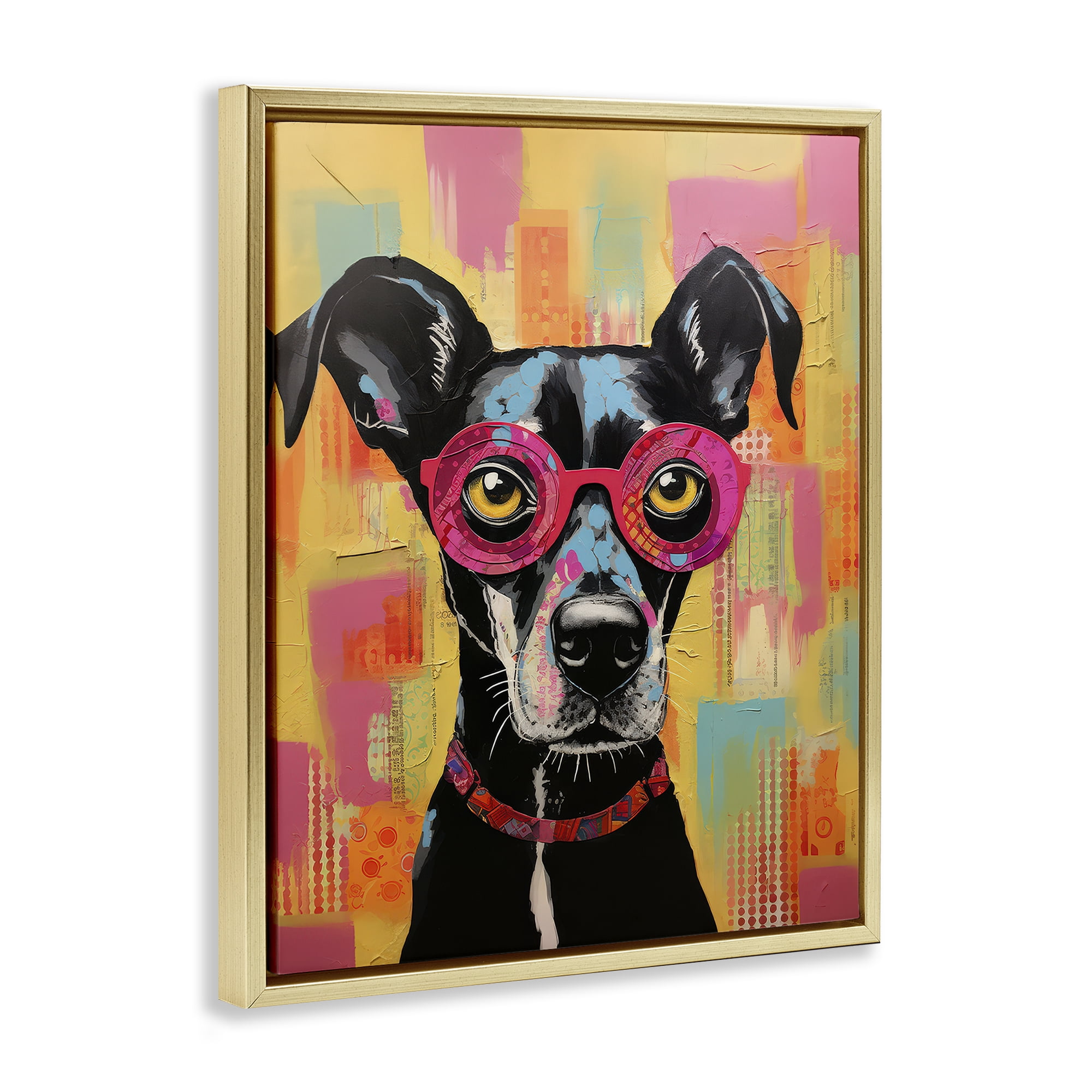 Stupell Industries Dog with Fun Glasses Animals Painting Gold Floater Framed Canvas Art Print Wall Art, 25 x 31