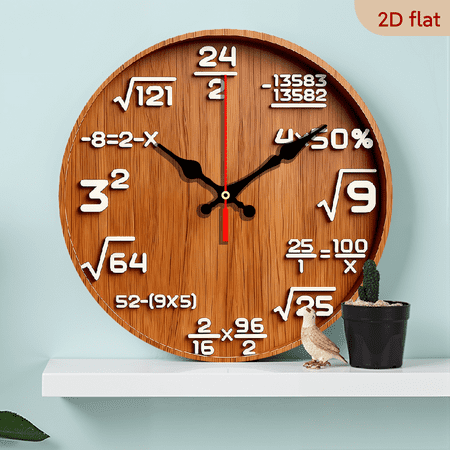 2D Flat 1pc 10Inch Wooden 1pc Math Formula Wooden Wall Clock - Silent Swiss Quartz Movement, Large Easy-to-Read Hands Face with Mathematical Equations - Battery-powered