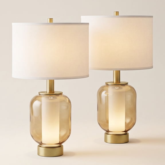 Possini Euro Design Sophia Modern Table Lamps 28" Tall Set of 2 Champagne Glass with LED Nightlight Off White Drum Shade for Bedroom Living Room Home