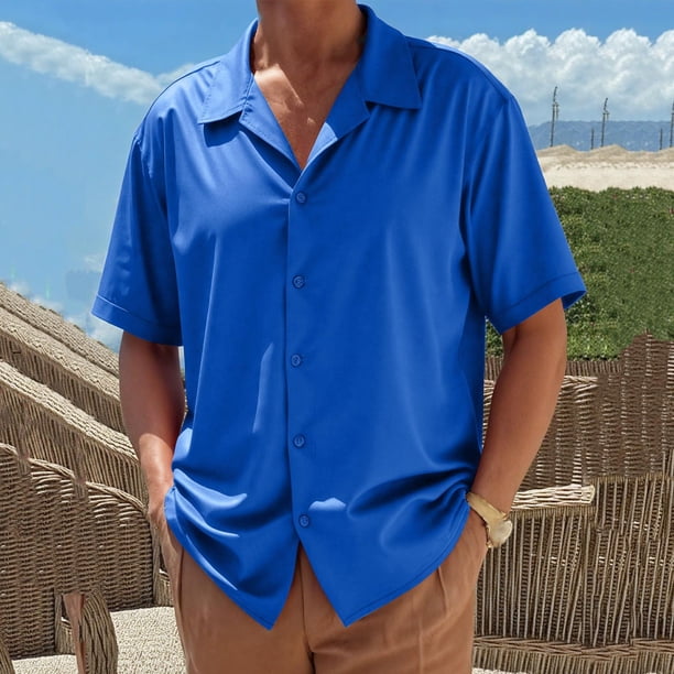 Blusa y camisa de manga corta con cuello vuelto para hombre, cárdigan informal de botones a la moda de color liso, blusa de manga corta con cuello vuelto, blusas de poliéster para hombre