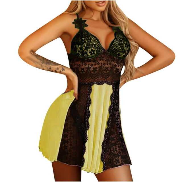 Camisón de malla con lazo de encaje y lencería sexy para mujer Fridja nalpqowj38398