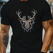 Men's Summer T-shirt, Majestic Stag S Head Illustration Graphic Print Short Sleeve Tees Trend Casual Tops for Daily Life, Big & Tall Guys,