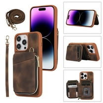 for iPhone 13 Pro Wallet Case Crossbody Strap, Zipper Phone Case with Card Holder Wrist Strap Purse Cover with Kickstand Compatible with Apple iPhone 13 Pro 6.1 inch - Brown