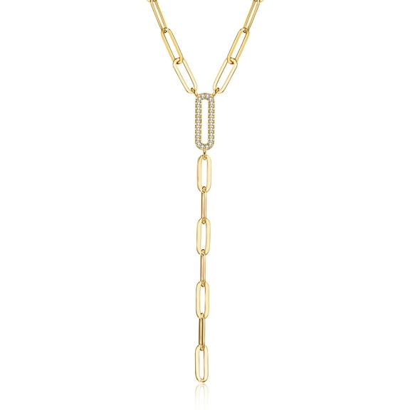 Forever Facets CZ Paperclip Lariat Necklace Hand Set in 18K Gold Over Sterling Silver, 18"   2" Extension