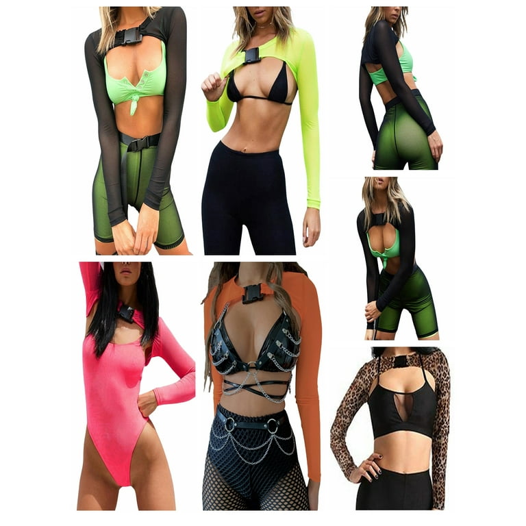 Licupiee See Through Mesh Crop Top for Women Sheer Long Sleeve Super  Cropped Top Bikini Cover Ups Top with Buckle 