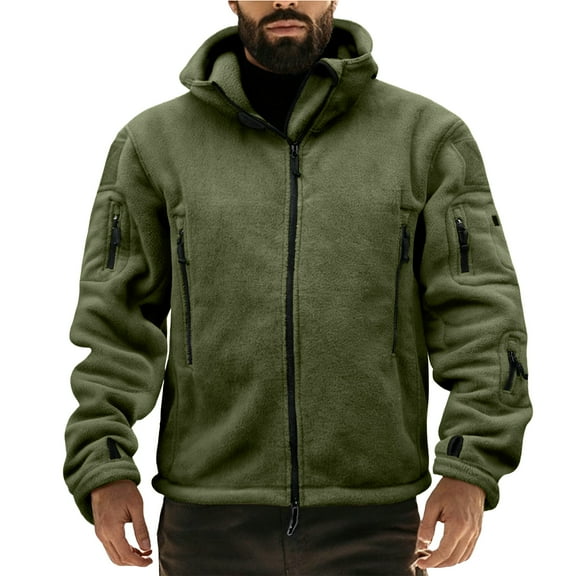 WTOBBY Men's Fleece Outdoor Warm Hooded Coat Jacket, Soft and Lightweight for Hiking, Camping, and Daily Wear, Wind-Resistant and Comfortable in Cool Weather,Army Green L