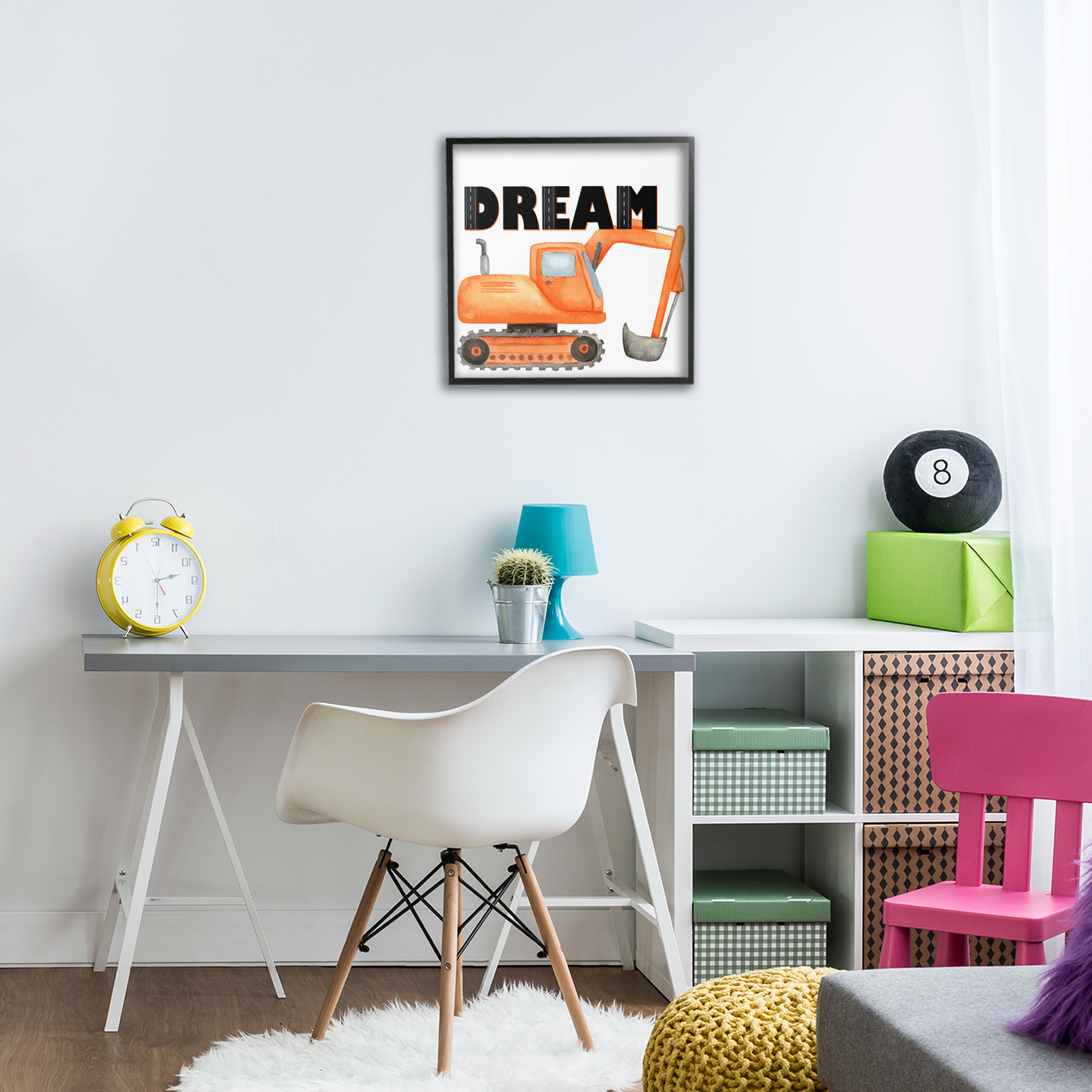 Dream with Orange Excavator Black Framed Giclee Art, design by Kim Allen