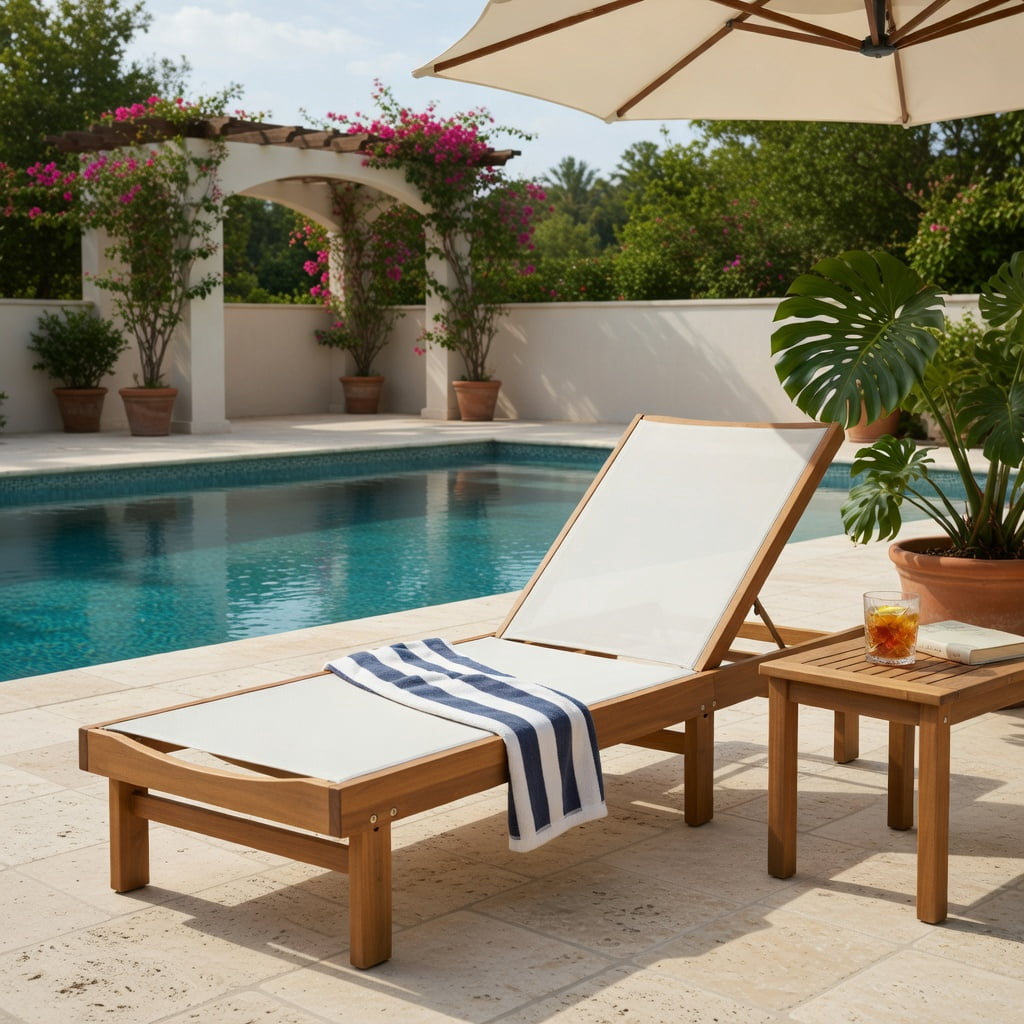Hommoo Outdoor Teak & White Eucalyptus Wood Chaise Lounge Chair with 5-Position Adjustable Backrest, Breathable Fabric, Heavy-Duty Steel Frame, Poolside & Garden Use, White