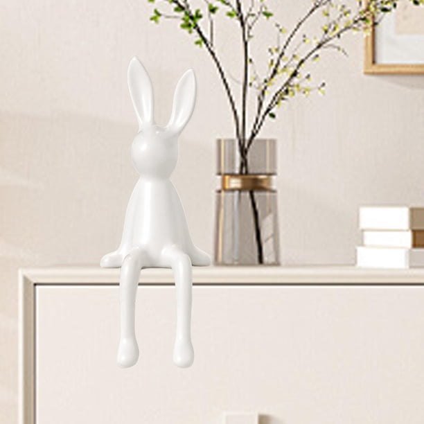 Figurita de Conejo Estatua Sentado Ornamento Escultura Adorno de Cerámica con Diseño Creativo Adecuado para Decoración de Salón de Té Hotel Y Oficina Blanco