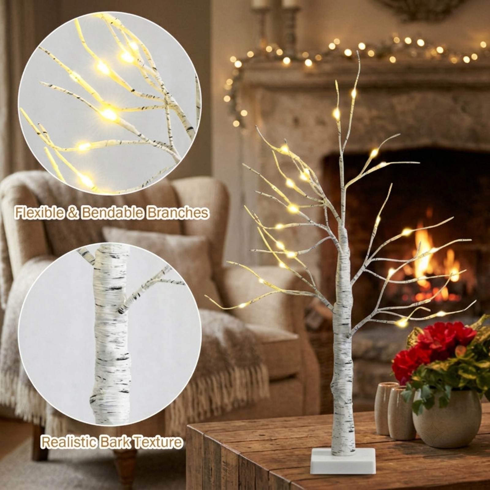 RUIE, 24 in, Artificial Christmas Tree, with 24 LED Lights, White Holiday Xmas Tree for Indoor Home Office Decoration
