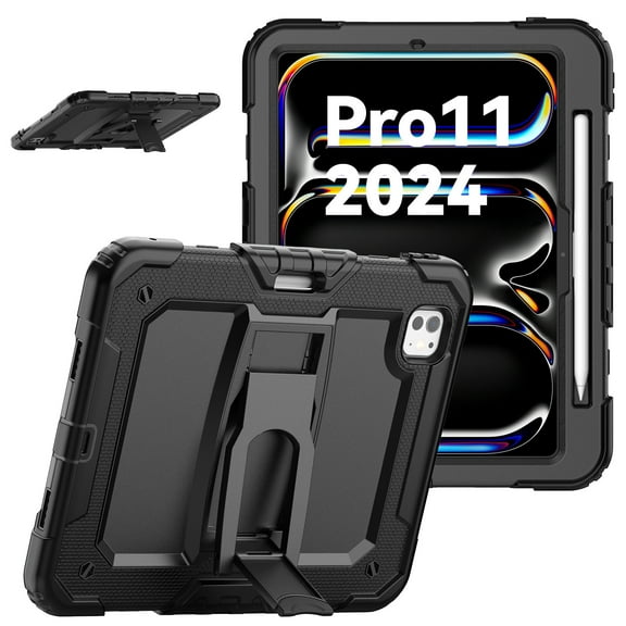 XYX For iPad Pro 11 inch Case 2024 (M4), 3in1 Heavy Duty Shockproof Tablet Case with Stand, Shoulder Strap, Black