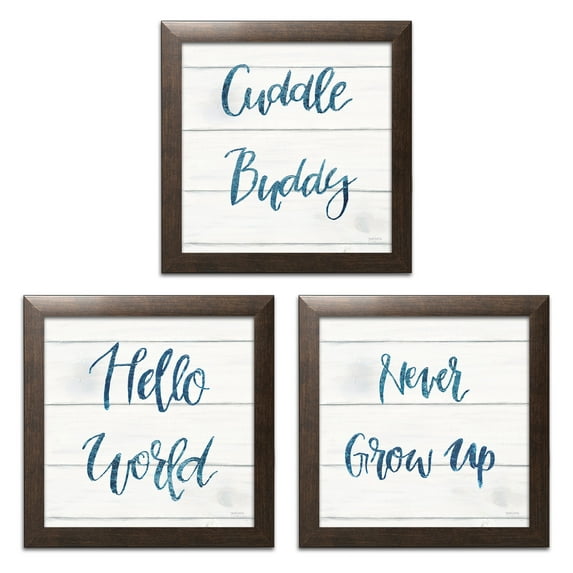 Gango Home Decor Contemporary Sweet Baby Boy I, IV, & VI White Wood Sq by Jenaya Jackson (Ready to Hang); Three 12x12in Brown Framed Prints