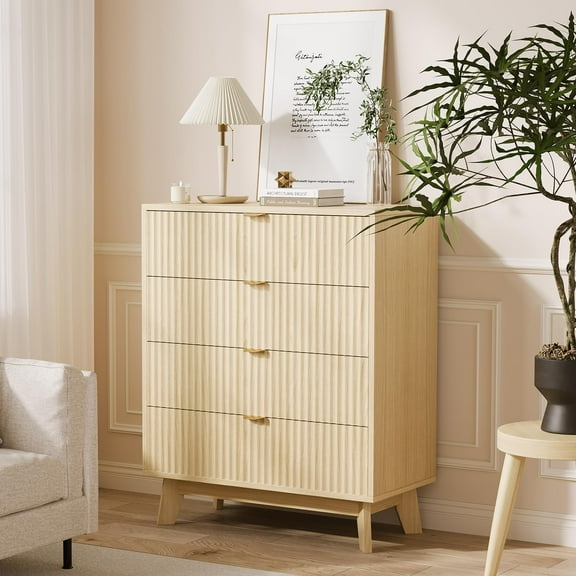 Garvee 4 Drawer Dresser, 32 Inch Tall Mid Century Modern Dresser Drawers, Waveform Fluted Side Table, Wood Drawer Organizer for Bedroom Living Room, Hallway, Natural Oak