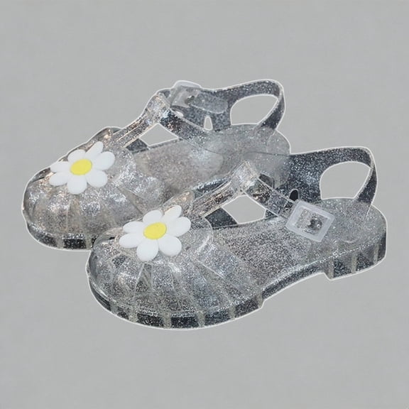 Krdevn Toddler Girls' Glitter Closed-Toe Jelly Sandals Daisy Flower Decor Adjustable Buckle Lightweight Breathable Summer Party Casual Shoes for Kids,Sizes 5-5.5 Years
