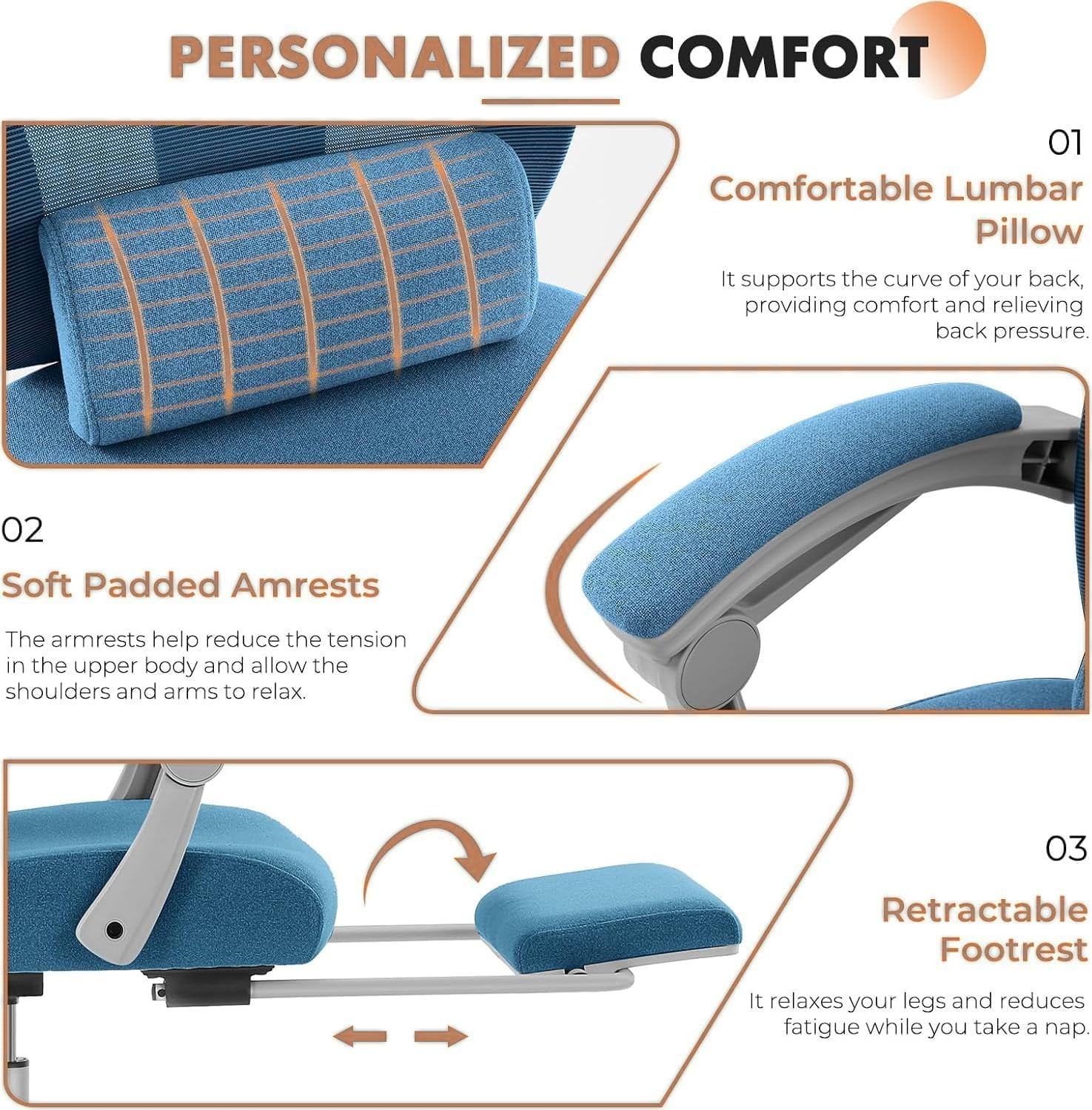 Office Computer Desk Chair, High-Back Ergonomic Mesh Swivel Chair with Lockable Recline, Adjustable Lumbar Support, Retractable Footrest & Padded Arms for Home Office, Study, and Gaming, Blue