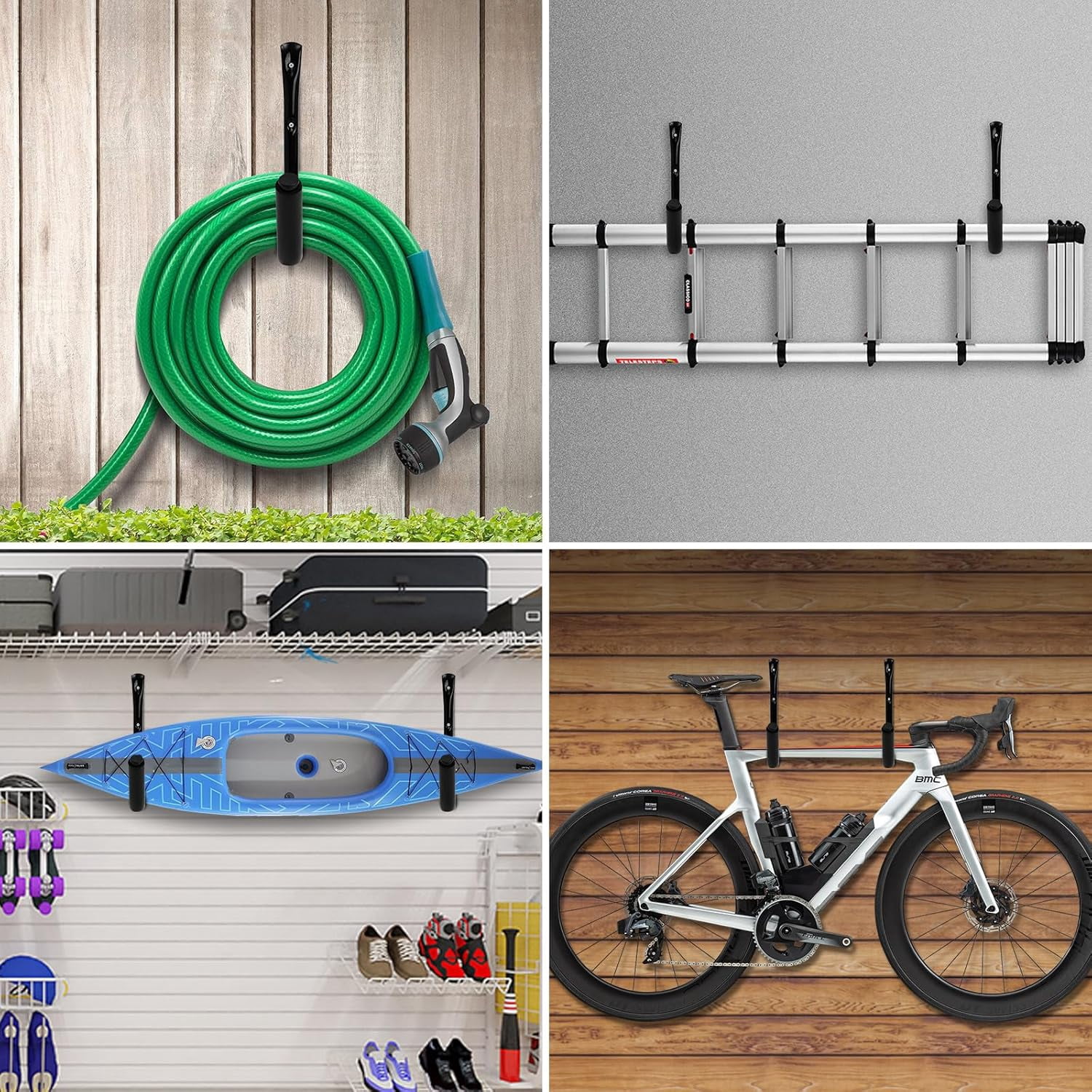 Heavy Duty Kayak Storage Rack, 100 LB (15") Wall Mount Hooks for Hanging Indoor/Outdoor, 8 Pack Large Garage Hooks for Ladder Kayaks Surfboards, Black Organization Hangers, Kayak Accessories