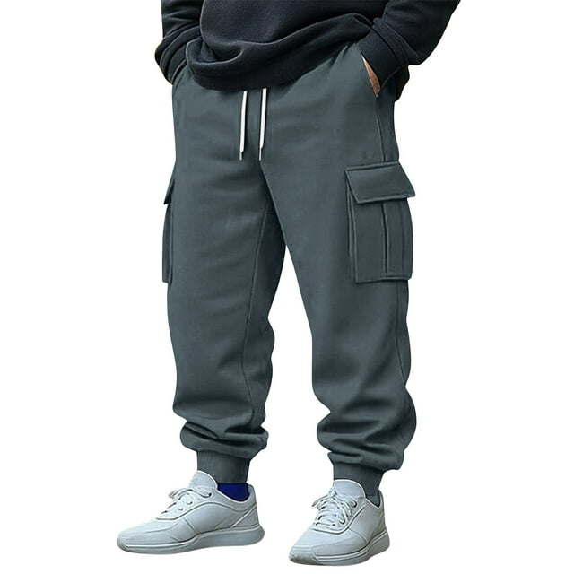 Lovzfmll Men's Utility Style Joggers, Solid Color with Cargo Pockets, Elastic Drawstring Waist and Tapered Hem Dark Gray, XL
