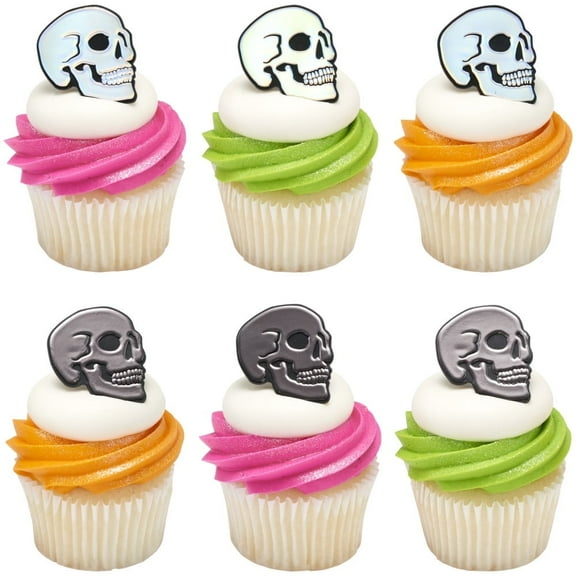 Metallic Skull Cupcake Rings – 12 Pack Halloween Party Cupcake Toppers for Cakes, Donuts & Desserts