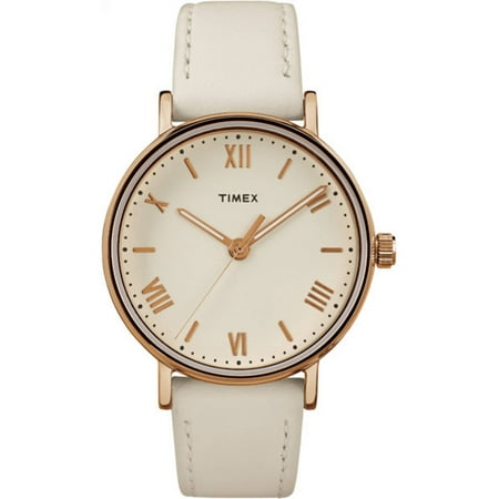 Timex Women's Southview 37 Cream/Rose Gold-Tone Watch, White Leather Strap