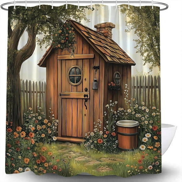 Outhouse Shower Curtain Vintage Wooden House Tree Country Grass Yard Floral Garden Rustic Farmhouse Backhouse Primitive Country Landscape Western Fabric Curtain with Hook
