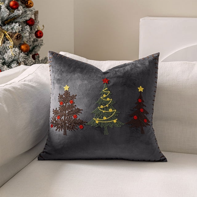 Funda de Cojín Bordada con Árbol de Navidad, 45X45 Cm, Tela Gris Flocada | Decoración para Fiestas Navideñas, 1 Unidad