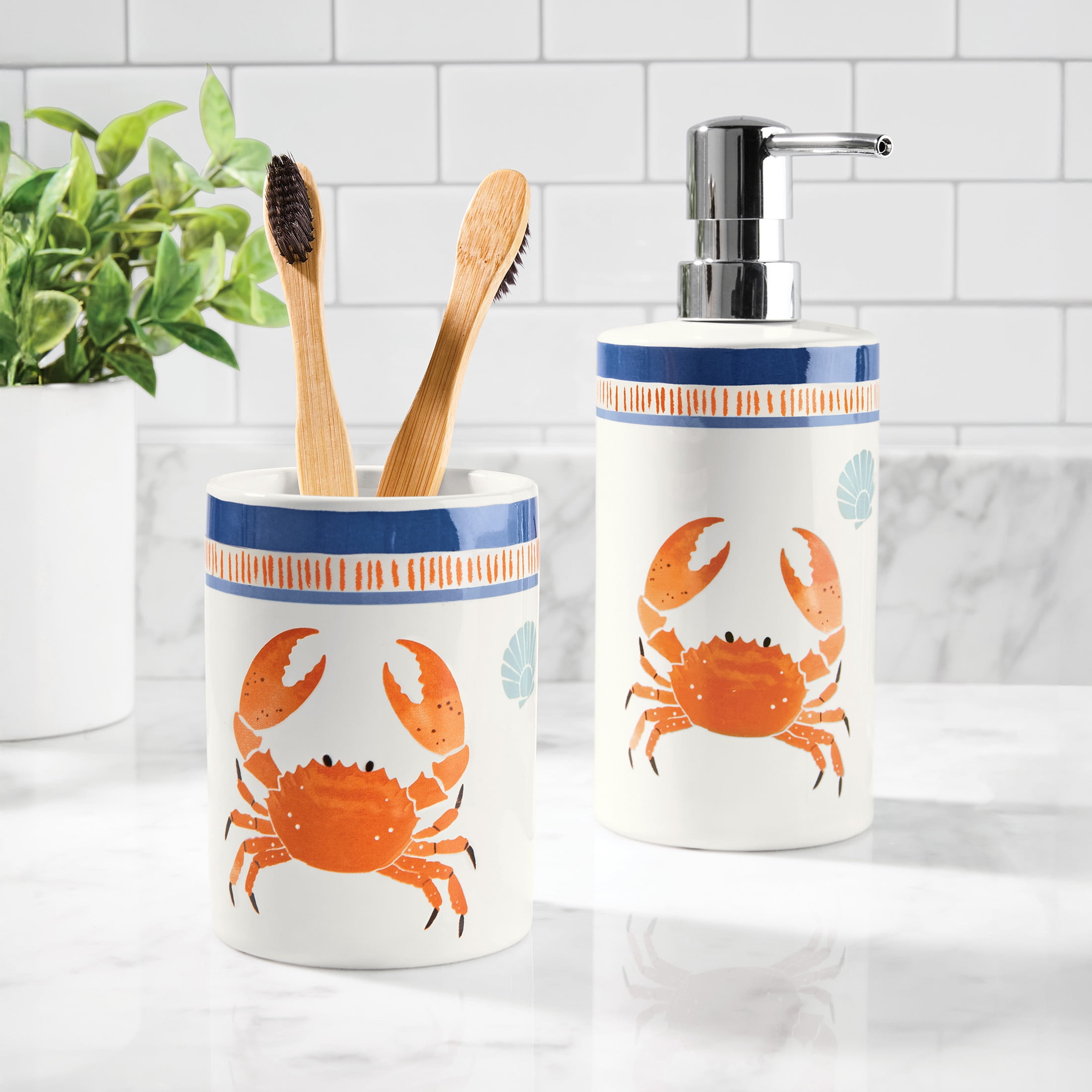 Mainstays Crab Two-piece Ceramic Bath Accessory Set with Soap Pump and Toothbrush Holder, for Adults