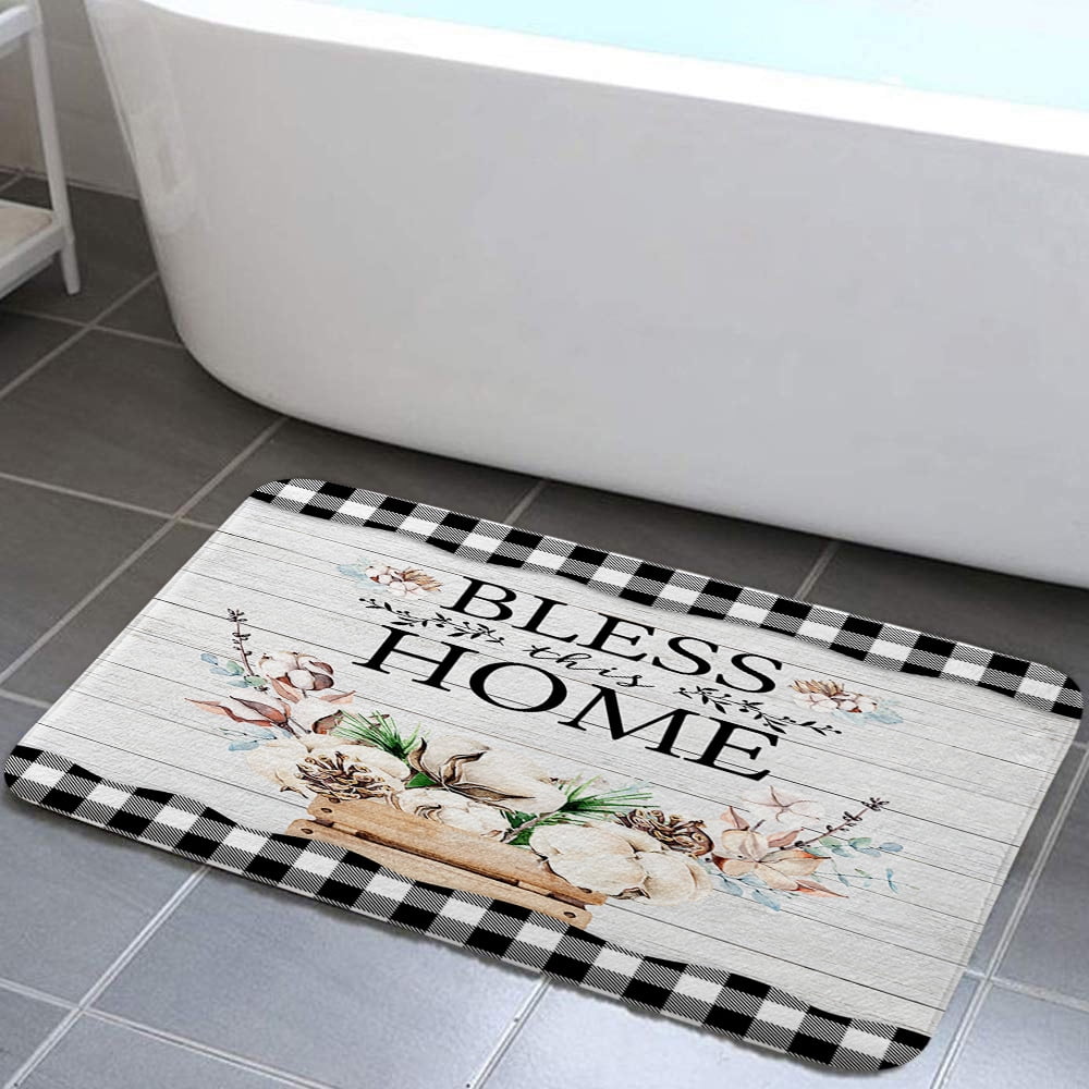Farmhouse Bathroom Rug, Farm Cotton Flower on Country Rustic Gray