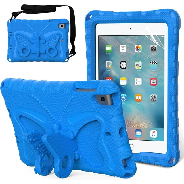KOMI Kids Case for iPad Mini 1st/2nd/3rd/4th/5th Generation 7.9-inch - Screen Protector Included - Butterfly Kickstand - Child Friendly EVA Foam Shockproof Cover Case with Shoulder Strap, Blue