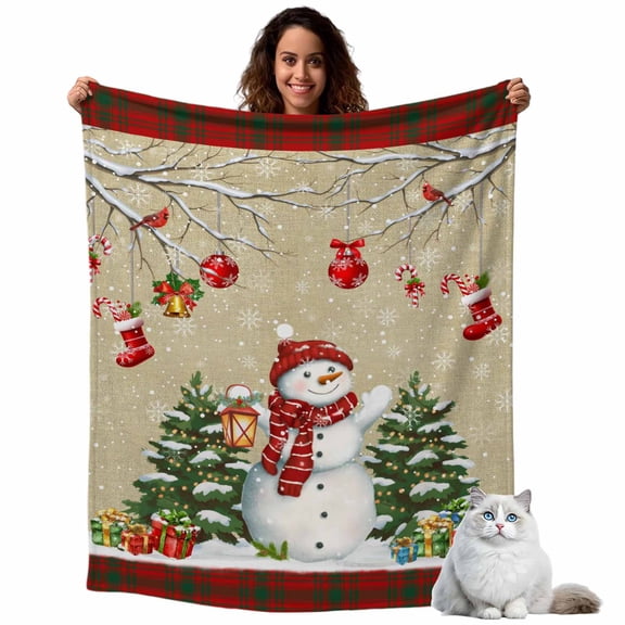 Flannel Fleece Throw Blankets Vintage Snowman on Linen Throws Blankets, Red Black Striped Lightweight Soft Warm Blanket for Couch Sofa Bed Living Room All Season Use, 40x50in