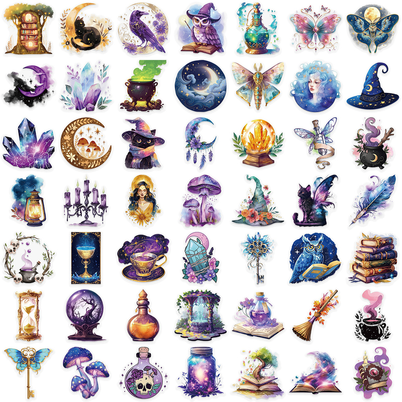 50PCS Transparent Bottom Gothic Witch Magic Cartoon Sticker DIY Decoration PVC Waterproof Skateboard Notebook Graffiti Toy