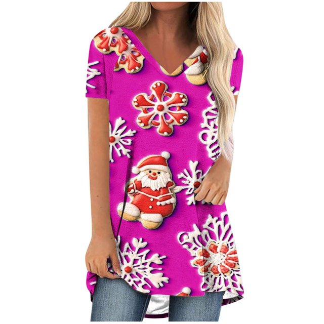 Camiseta Impresa con Cuello en V de Manga de Raglan de la Parte Trasera Larga Delantera Corta de las Mujeres de Navidad, Vacaciones Informales