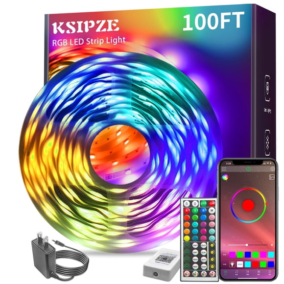 Tira de luces LED KSIPZE de 100 pies, RGB, sincronización de música, cambio de color