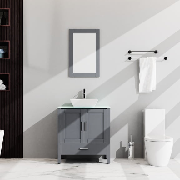 30" Bathroom Vanity And Mirror, Gray. Glass Countertop. 2-door 1 Cabinet. Spacious Storage. Furniture Sink , 16.5*5.5 Sink. Ample Hinge.
