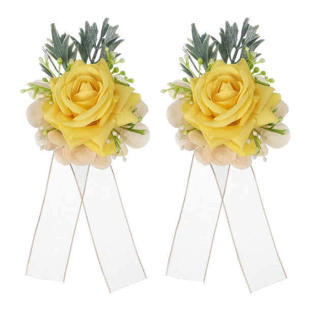 Uxcell 2 Pcs Pulseras de Corsage de Flores Amarillas Artificiales, Corsage de Muñeca para Boda Novia Novio Ceremonia Aniversario Prom Fiesta