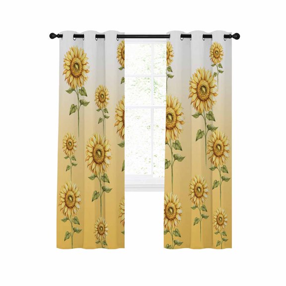 Yellow Sunflowers Blackout Curtains 45 Inches Long for Bedroom, Watercolor Gradient Flowers Floral Thermal Insulated Room Darkening Black Out Window Curtain Panels Grommet Drapes for Living Room