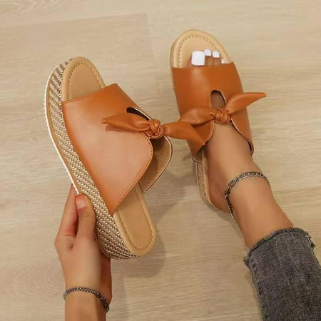 

Holiday Savings 2022! Rourlinge Summer Ladies Slippers Sandals Casual Women Shoes Bow Fish Mouth Slippers Brown 43