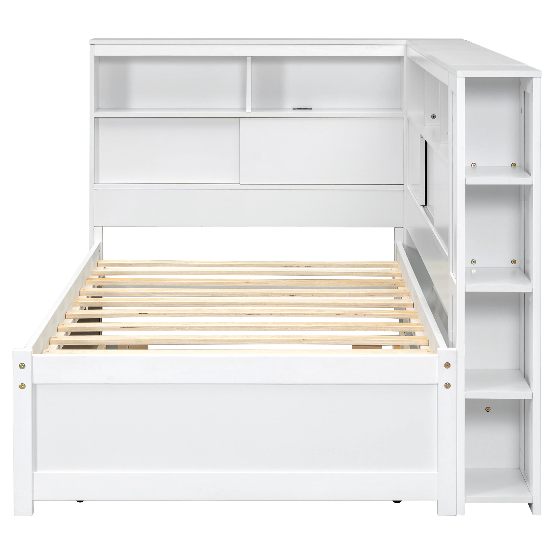 Noble House Ladd Twin Daybed with Storage Shelves and Twin Trundle, USB Charging Station, Pine Wood Frame, White