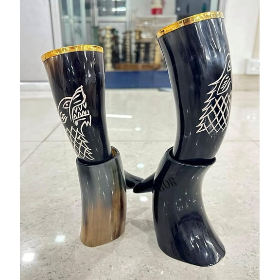 Viking horn Drinking Real Horn Natural Black Viking Brass knob Drinking Horn set of 2 Wolf For Ale Mead Beer Cold Drink Norse Horn Natural Shine