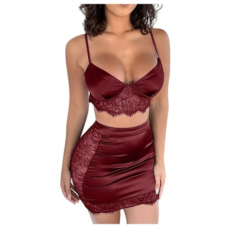 

Qcmgmg 2 Pack Nightgown Sleepwear Eyelash Crop Top Skirts Set Pajamas Set Satin Floral Sexy Pjs for Women